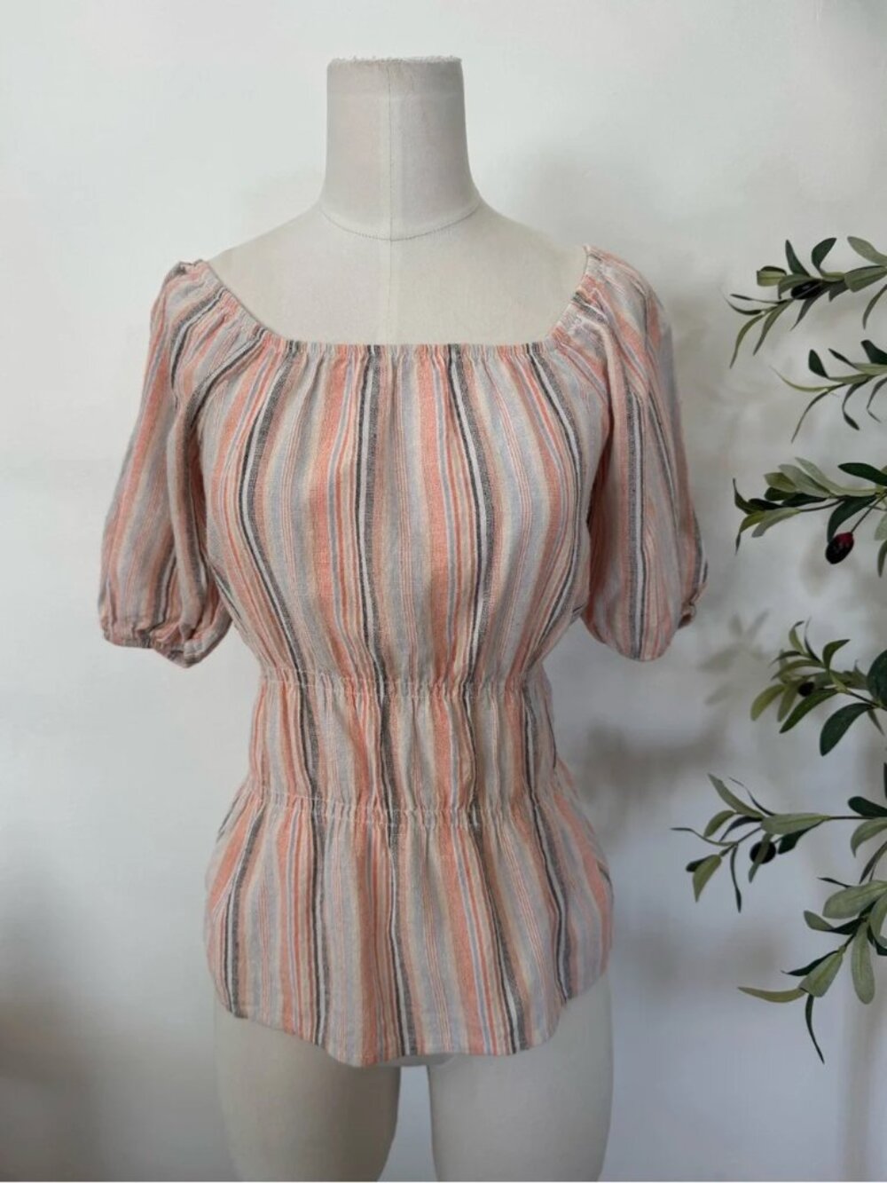 Kindred 100% Cotton Striped Peplum Blouse Puff Sleeve Square Neck Top Size Small